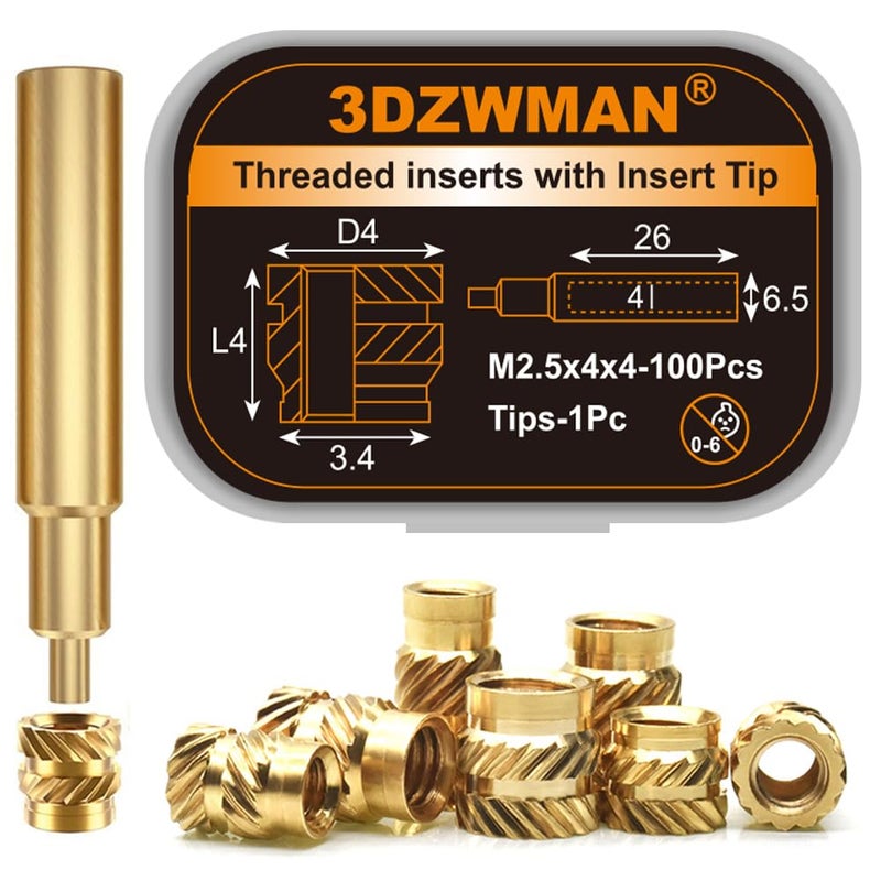 3DZWMAN M2.5 Threaded Inserts for plastic-100Pcs M2.5xL4xD4 with Heat Set Insert Tools-Brass Metric Knurled Nuts for 3D Printing Components and Plastic Parts - Image 1